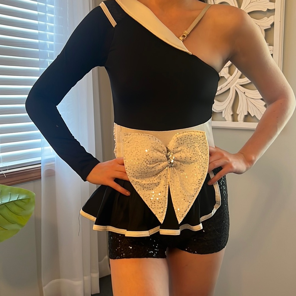 Black and white dance costume. Bodysuit with shirt attached